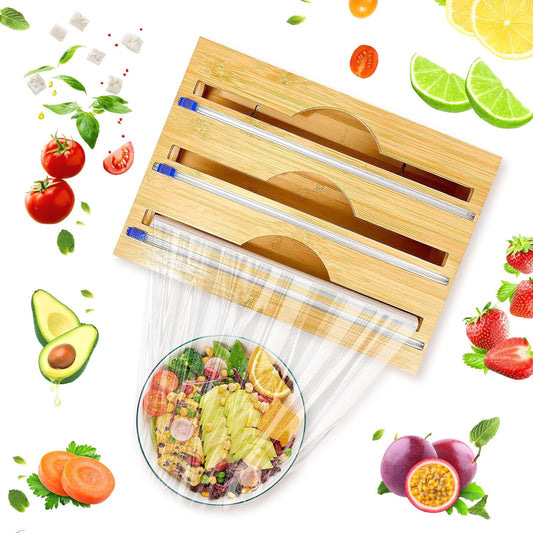 Natural Bamboo Wrap Cutter Dispenser (3 Compartment)