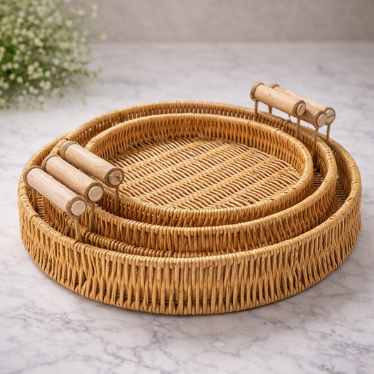 Elegant Round Bamboo Tray Set (3 pcs)