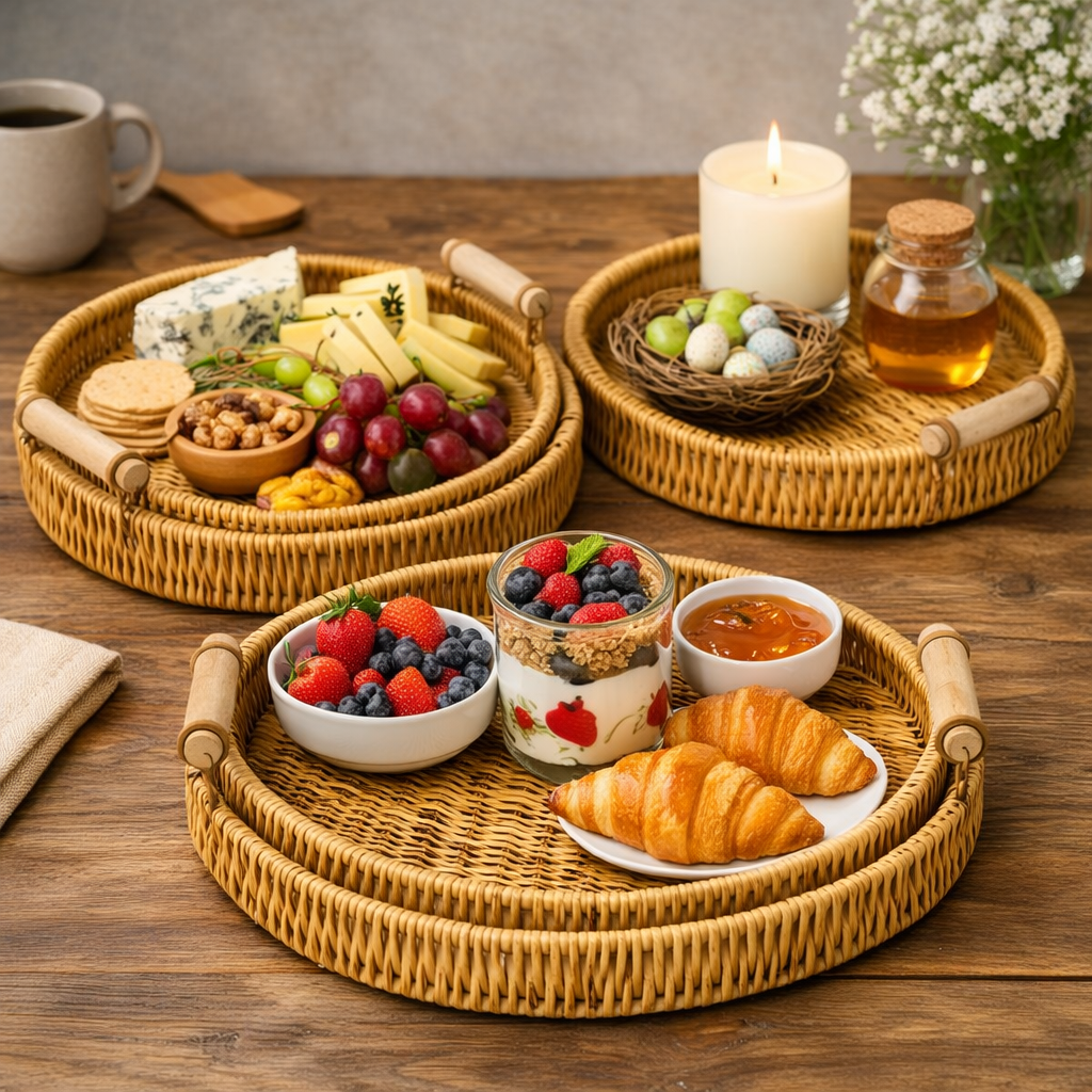Elegant Round Bamboo Tray Set (3 pcs)