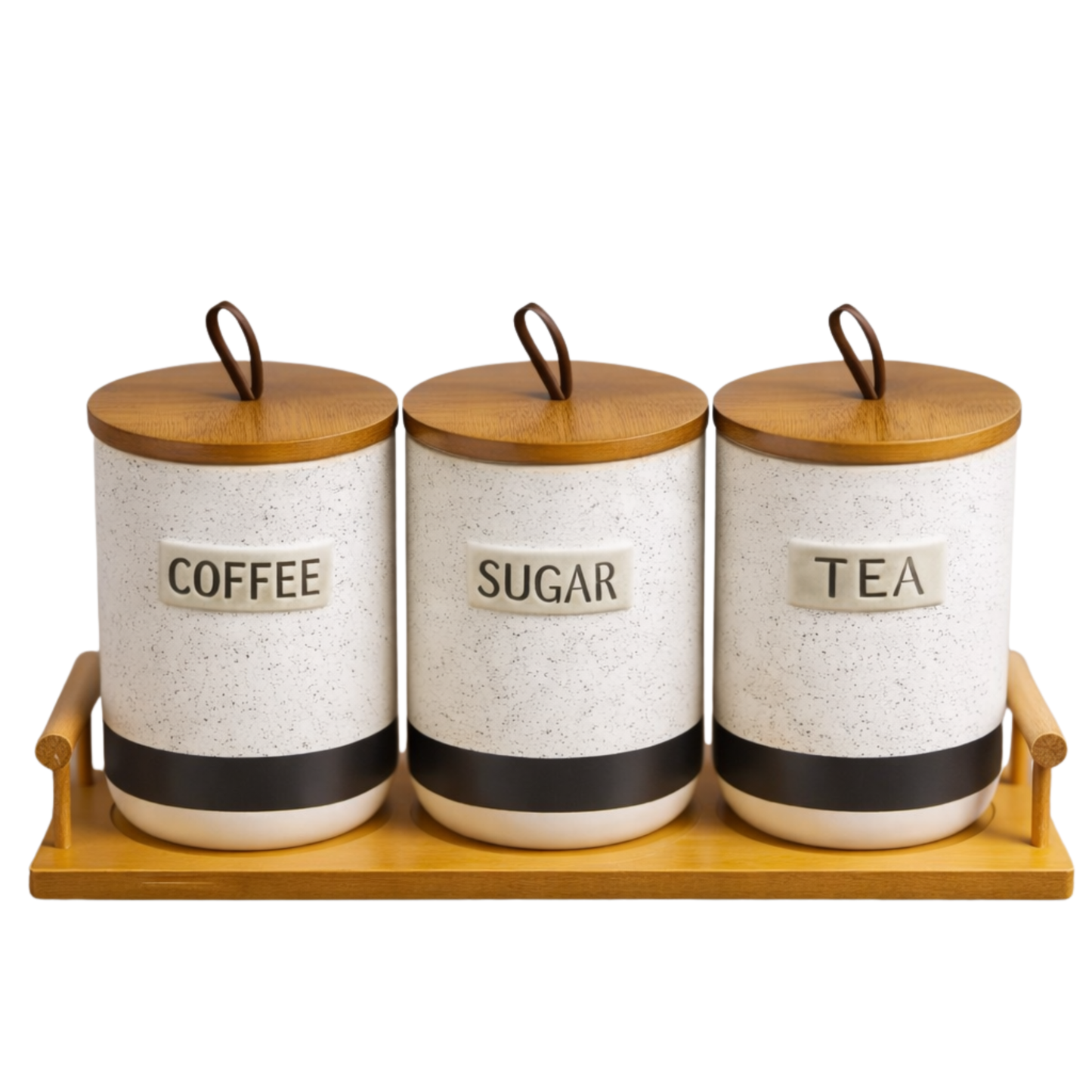 Ceramic Coffee Tea And Sugar Holder Set With Bamboo Tray