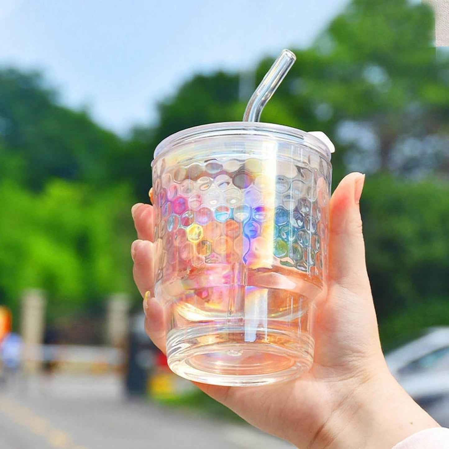 Rainbow Tumbler Glass With Lid And Straw (400ml)(Each) - DMC Wholesale
