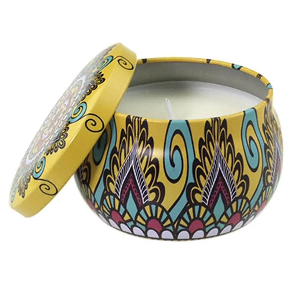 English Pear And Freesia Aroma Candle In Colourful Patterned Tin (65ml) - DMC Wholesale