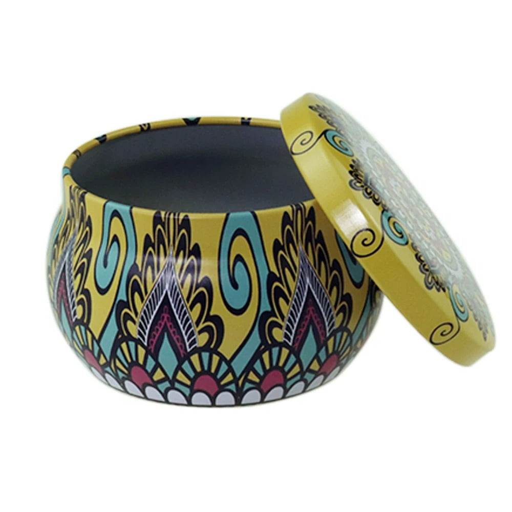English Pear And Freesia Aroma Candle In Colourful Patterned Tin (65ml) - DMC Wholesale