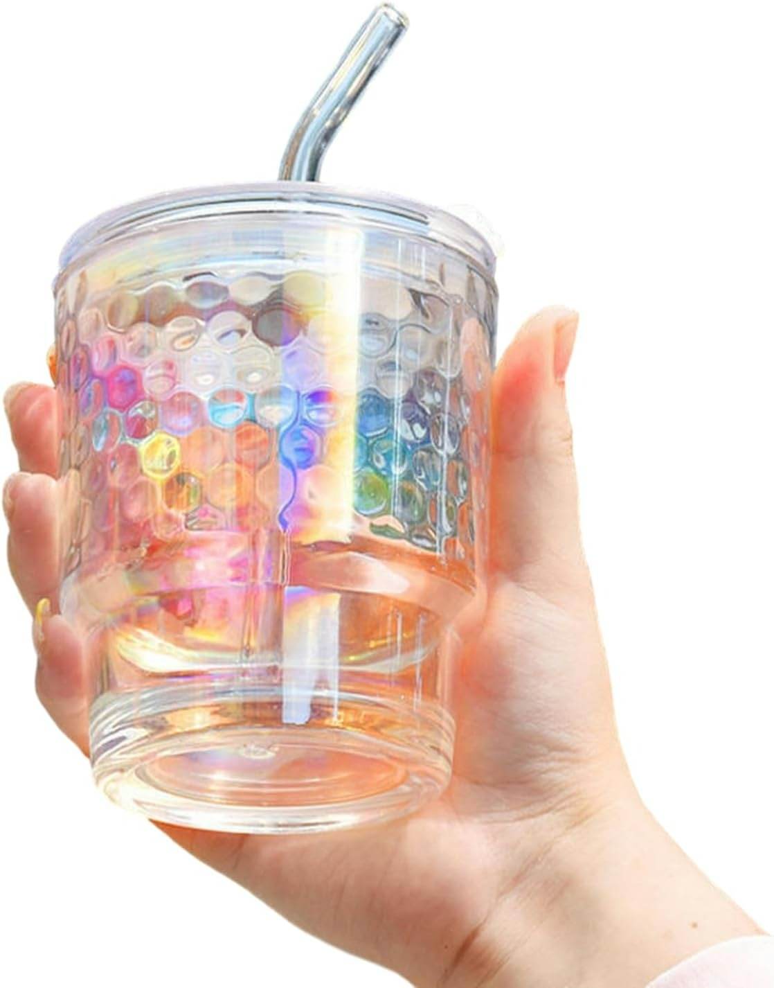 Rainbow Tumbler Glass With Lid And Straw (400ml)(Each) - DMC Wholesale