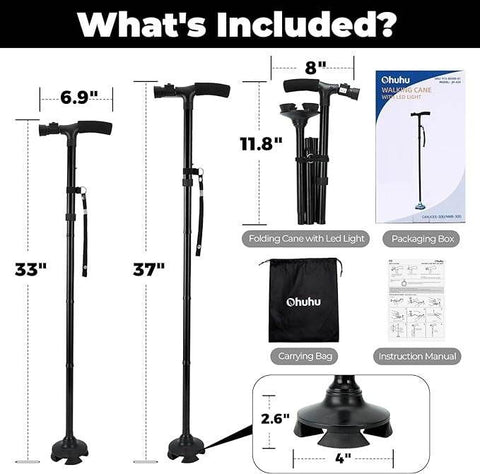Folding Walking Cane With Adjustable LED Light - Alt View