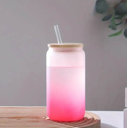 Frosted Drinking Glass With Bamboo Lid (380ml)(Each) - DMC Wholesale