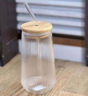 Ribbed Glass With Straw And Wooden Lid (500ml) - DMC Wholesale