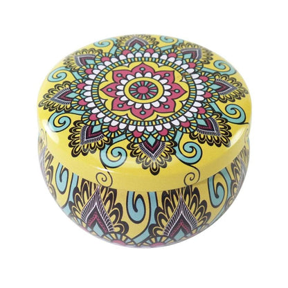 English Pear And Freesia Aroma Candle In Colourful Patterned Tin (65ml) - DMC Wholesale