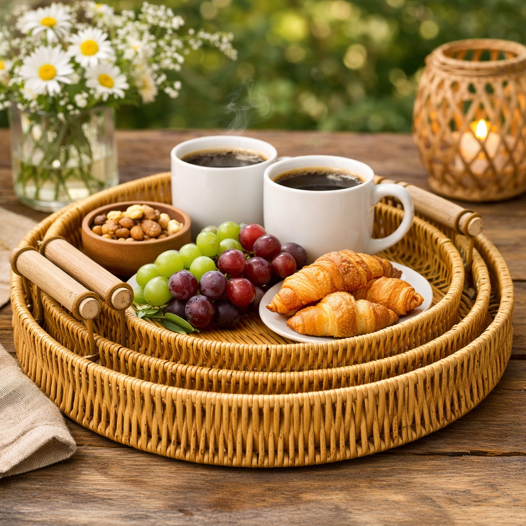Elegant Round Bamboo Tray Set (3 pcs)