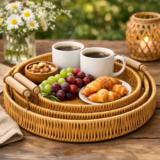 Elegant Round Bamboo Tray Set (3 pcs)