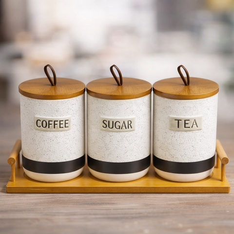 Ceramic Coffee Tea And Sugar Holder Set With Bamboo Tray - Alt View