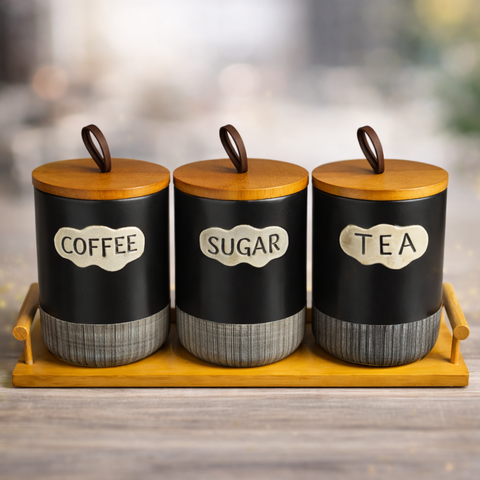 Ceramic Coffee Tea And Sugar Holder Set With Bamboo Tray