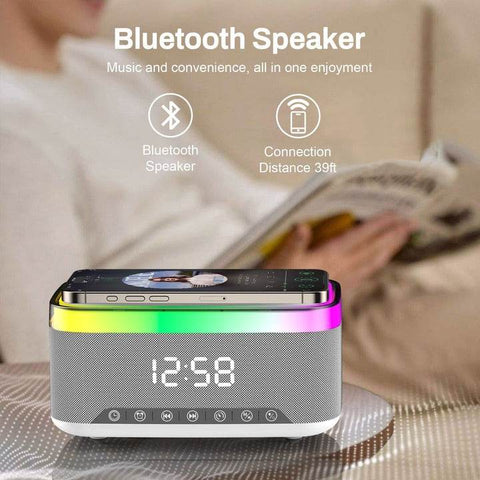 Smart Home Wireless Charging Stand, Speaker, and Digital Clock - Alt View
