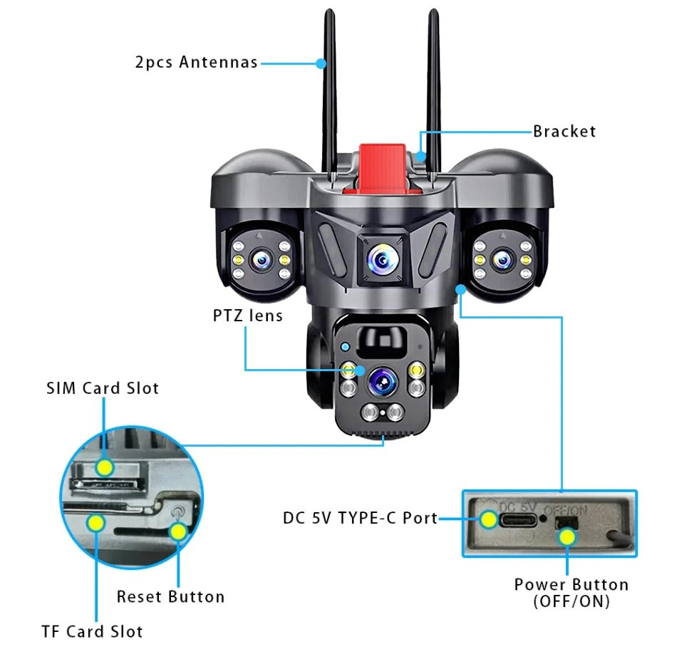 Triple Lens Camera 4G Solar Security PTZ Camera