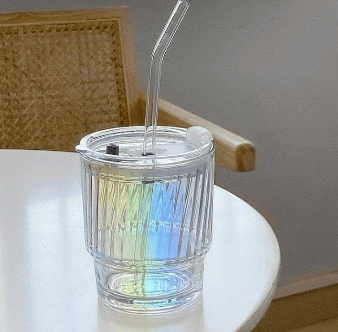 Rainbow Tumbler Glass With Lid And Straw (400ml)(Each) - DMC Wholesale