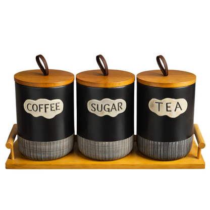 Ceramic Coffee Tea And Sugar Holder Set With Bamboo Tray