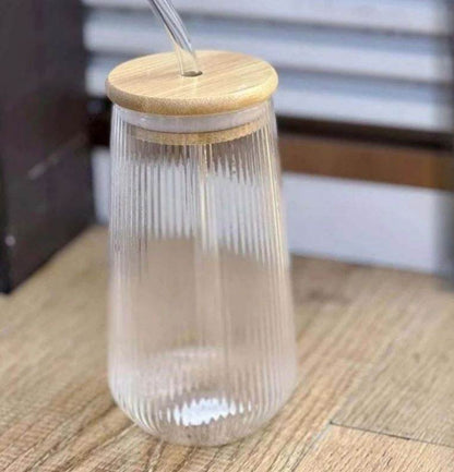 Ribbed Glass With Straw And Wooden Lid (500ml) - DMC Wholesale