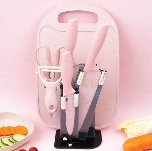 Kitchen Knife Set with Cutting Board (7 pcs)(Red) - DMC Wholesale