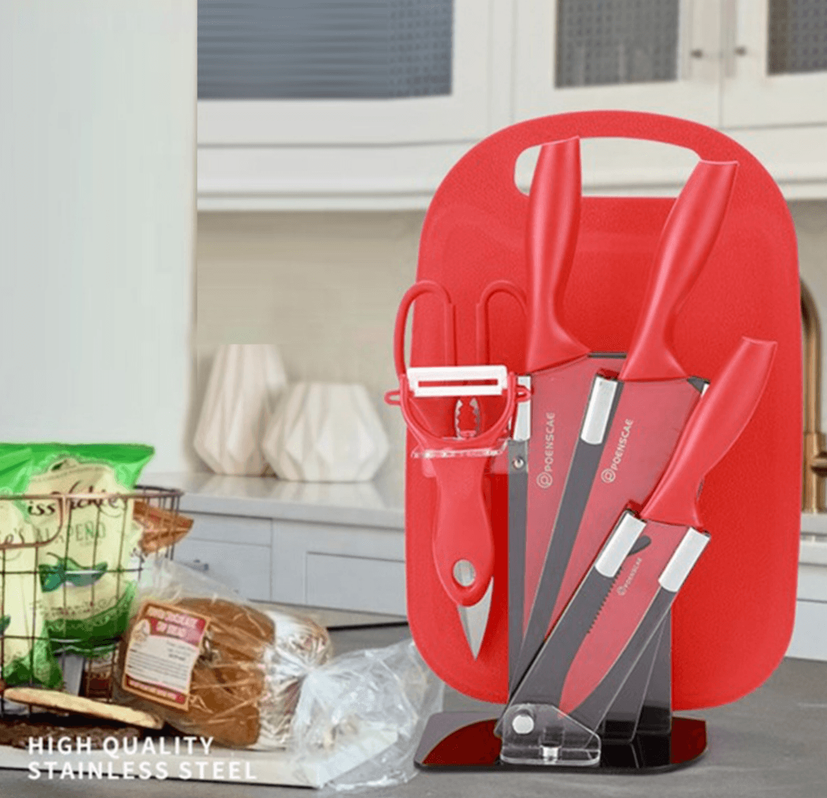 Kitchen Knife Set with Cutting Board (7 pcs)(Red) - DMC Wholesale